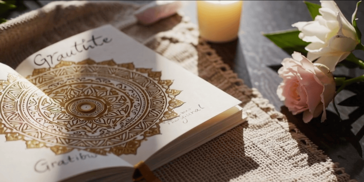 An open gratitude journal with a gold mandala design lies on a textured mat beside Matt Fraser—a lit candle—pink roses, and a crystal on a dark wooden surface.